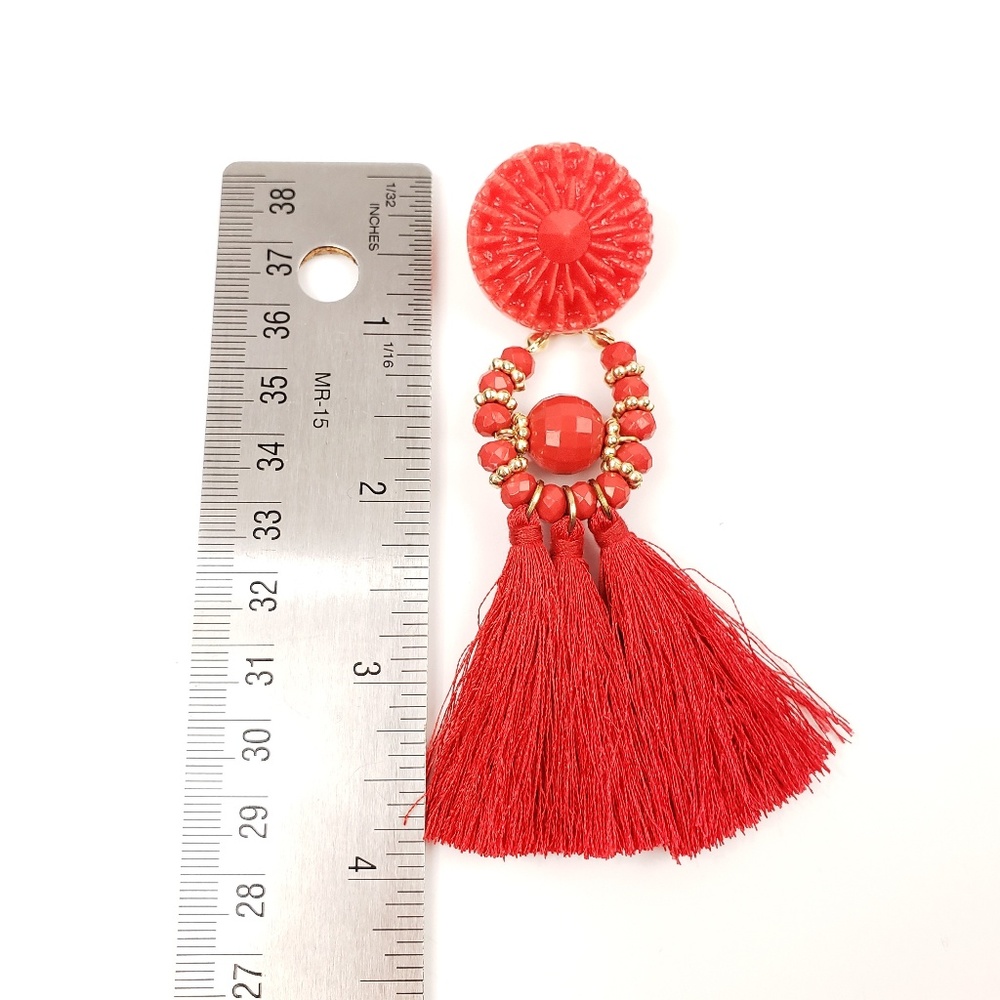 Red Boho Beaded Tassel Drop Earrings - Picture 6 of 6